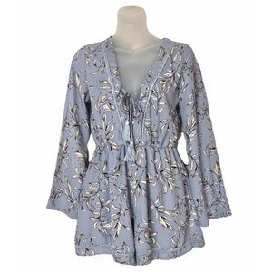 Boutique The Hanger Blue Floral V-Neck Bell Sleeve Romper S